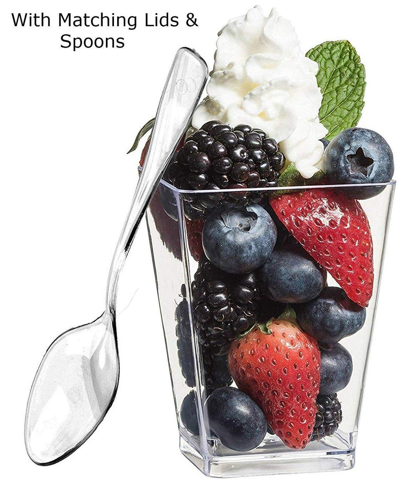 zappy 42 5 oz Tall Square Mini Dessert Cups with Lids and Tasting Spoons, Large Dessert Glasses Shot Glasses Trifle Bowl, Clear Disposable Plastic Dessert Tumbler Cups Small Party Cups - Image 2
